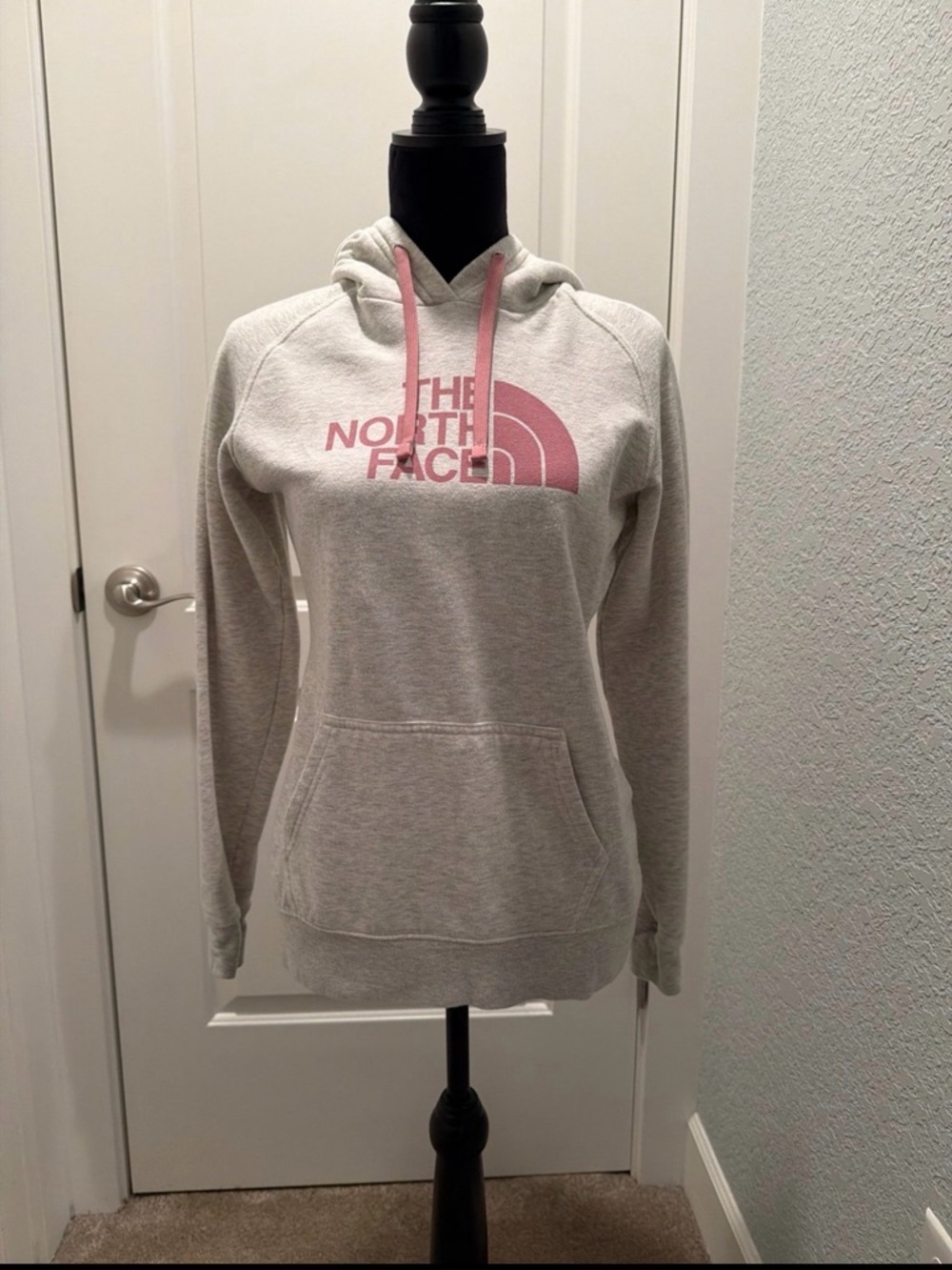 The North Face Light Gray Hoodie with Pink Neckline